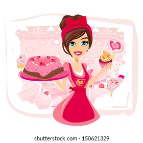 saleswoman serving chocolate cakes