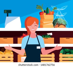 saleswoman with showcase store and fresh food