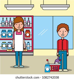 saleswoman supermarket customer man with shopping basket