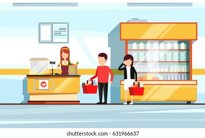 Saleswoman in supermarket interior. People standing in store checkout line. Vector flat illustration of mall