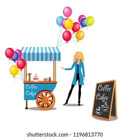 A saleswoman of sweets. Blue trolley with food and balloons. Board with the menu. Vector illustration.

