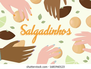 Salgadinhos. Snacks. Brazilian Portuguese Lettering illustration