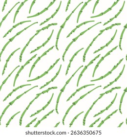 Salicornia or sea asparagus seamless pattern. Vector repeating botanical background of edible herbaceous shoots for wrapping, label, menu, card, print. Food, succulent plant, greenery. Textured rappor