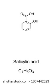 Salicylic acid chemical structure. Used in organic synthesis as plant hormone. Active metabolite of aspirin. Key ingredient in topical anti-acne and skincare products. Illustration over white. Vector.