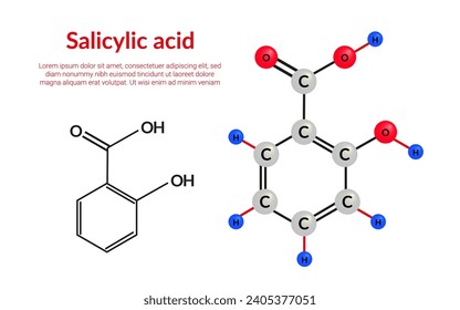 Salicylic acid molecular structure formula C7H6O3, ball-and-stick model, suitable for education or chemistry science content. Vector illustration