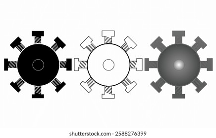 Salient pole rotor or rotary engine vector illustration in three styles: outline, solid, and gradient. Ideal for electrical machines, generators, motors, and industrial engineering designs.