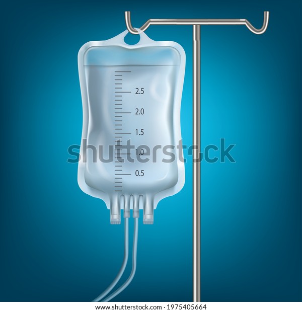 saline bag hanging on stainless pole isolated on blue\
background 