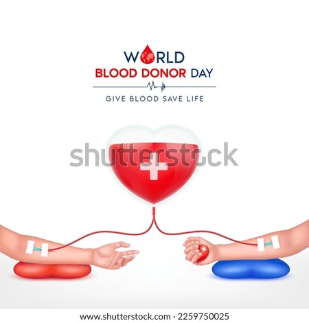 Saline bag in heart shape red with hand giver and recipient to donate blood on white background. Give blood save life. Medical concept, World blood donor day June 14. 3D Vector EPS10 illustration.