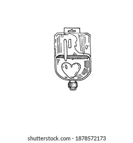 Saline bag, heart sketch vector illustration