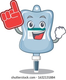 Saline bag mascot cartoon style holding a Foam finger