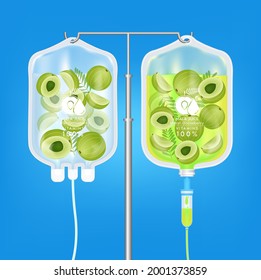 Saline bag plastic and vitamin green water indian gooseberry. Amla fruit, amalaki with green leaves. Healthy food and juice concepts. Realistic with 3D vector illustration.
