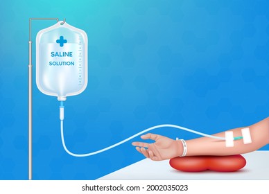 Saline bag solution drip and hand for treatment patient medical and health care concept. On blue background