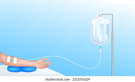 Saline bag solution drip and hand for treatment patient. Vitamin iv fluid intravenous care chemotherapy. Medical and health care concept. Realistic 3D on blue background vector.