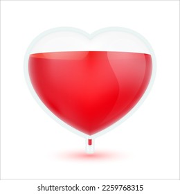 Salzbeutel transparent in Herzform rot mit Blut einzeln auf weißem Hintergrund. Medizinisches Konzept, Weltblutspendertag 14. Juni. 3D-Vektorgrafik EPS10.