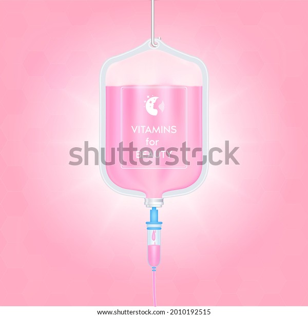 Saline bag Vitamin for\
beauty pink. Keep the skin young and moisturized. Female beauty\
cosmetics. Medical concepts and health supplements. Realistic 3D\
Vector illustration.