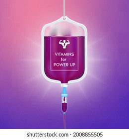 Saline bag Vitamin for Power up purple. Best food for strong body. Medical concepts and health supplements. Realistic 3D Vector illustration.