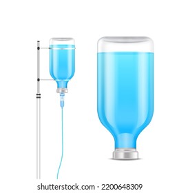 Saline solution bag, bottle blue. IV drip vitamin minerals for health. Intravenous therapy with dropper. Collagen skincare beauty. Medical concept. Isolated realistic on white background 3D vector.