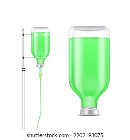 Saline solution bag, bottle green. IV drip vitamin minerals for health. Intravenous therapy with dropper. Collagen skincare beauty. Medical concept. Isolated realistic on white background 3D vector.