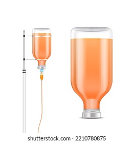 Bolsa de solución salina, naranja botella. IV goteo de vitaminas minerales para la salud. Terapia intravenosa con gotero. La belleza del cuidado de la piel en el colágeno. Concepto médico. Aislado realista sobre el vector 3D de fondo blanco.