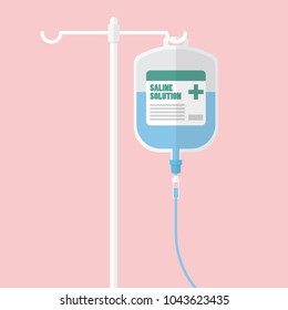 Saline solution bag hanging on ploe. Flat style vector illustration