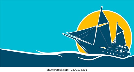 Saling ship vector art with copy space, Pinisi ship, suitable for maritime firt day, sun shine background and blue sky.