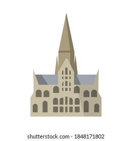 Salisbury Cathedral of virgin Mary. Gothic Church in England. Anglican religious building. Landmark of medieval city. Flat cartoon