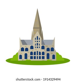 Salisbury Cathedral of virgin Mary. Landmark of medieval city. Flat cartoon. Gothic Church in England. Anglican religious building