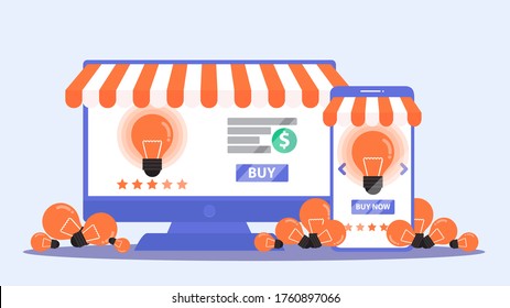 Pequeña idea. Hombre portando un teléfono móvil con los conceptos de la idea de compra.Vector, ilustración, EPS, diseño plano.
