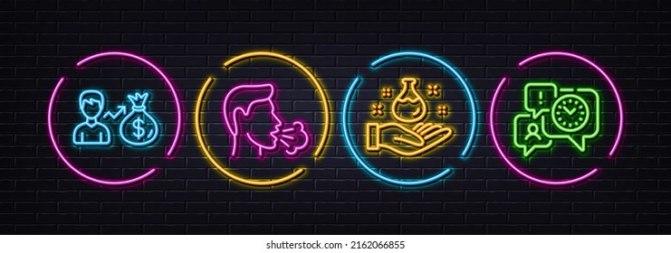Sallary, Cough and Chemistry lab minimal line icons. Neon laser 3d lights. Time management icons. For web, application, printing. Person earnings, Coronavirus symptom, Laboratory. Office chat. Vector