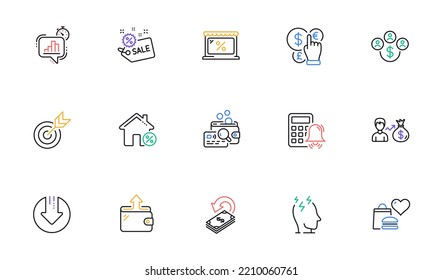 Salario, temporizador de estadísticas e iconos de línea de respaldo para sitio web, impresión. Flecha de colección de descarga, divisa de compra, iconos de estrés. Venta, Loan house, Money currency elementos web. Vector