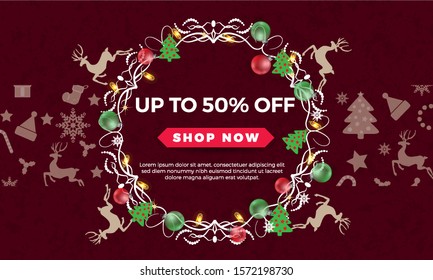 Salle background with christmas wreath and balls toy. Red  background. Vector illustration
