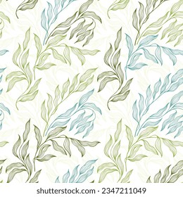 Sallow tree branch summer leaves floral vector seamless pattern. Garden botany flora eco ornament. Organic olive foliage summer motif. Beautiful stylized tree leaves endless pattern.