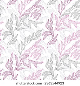 Sallow tree branch summer leaves floral vector seamless pattern. Thin contour twig veins doodle. Organic sallow foliage summer motif. Lovely stylized tree leaves endless pattern.