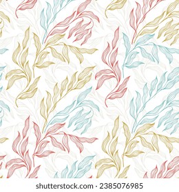 Sallow tree branch summer leaves floral vector seamless pattern. Garden botany flora eco ornament. Organic eucalyptus foliage summer motif. Lovely stylized tree leaves endless pattern.