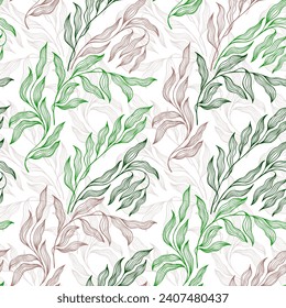 Sallow tree branch summer leaves floral vector seamless pattern. Thin contour twig veins doodle. Organic olive foliage summer motif. Striped willow leaves interior design composition.