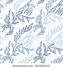 Sallow tree branch summer leaves floral vector seamless pattern. Thin contour twig veins doodle. Organic eucalyptus foliage summer motif. Beautiful stylized tree leaves endless pattern.