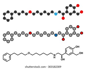 Salmeterol asthma drug molecule. Conventional skeletal formula and stylized representations.

