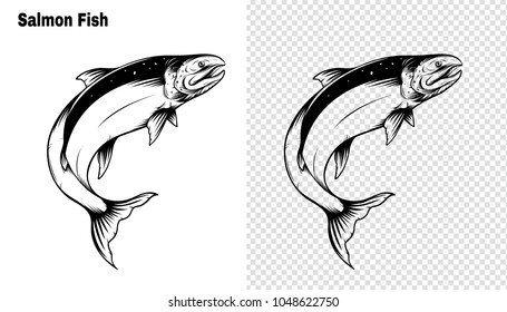 Salmon art highly detailed in line art style.Fish vector by hand drawing.Fish tattoo on white background.Black and white fish vector on white background.Salmon fish sketch for coloring book.