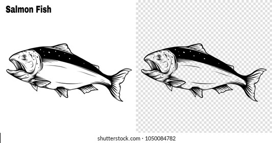 Salmon art highly detailed in line art style.Fish vector by hand drawing.Fish tattoo on white background.Black and white fish vector on white background.Salmon fish sketch for coloring book.