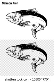 Salmon art highly detailed in line art style.Fish vector by hand drawing.Fish tattoo on white background.Black and white fish vector on white background.Salmon fish sketch for coloring book.