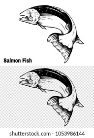 Salmon art highly detailed in line art style.Fish vector by hand drawing.Fish tattoo on white background.Black and white fish vector on white background.Salmon fish sketch for coloring book.