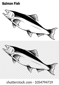 Salmon art highly detailed in line art style.Fish vector by hand drawing.Fish tattoo on white background.Black and white fish vector on white background.Salmon fish sketch for coloring book.