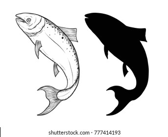 Salmon art highly detailed in line art style.Fish vector by hand drawing.Fish tattoo on white background.Black and white fish vector on white background.Salmon sketch for coloring book.