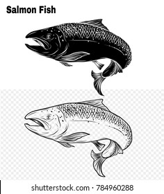 Salmon art highly detailed in line art style.Fish vector by hand drawing.Fish tattoo on white background.Black and white fish vector on white background.Salmon fish sketch for coloring book.