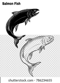 Salmon art highly detailed in line art style.Fish vector by hand drawing.Fish tattoo on white background.Black and white fish vector on white background.Salmon fish sketch for coloring book.