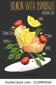 Salmon with asparagus in bechamel sauce. Vector illustration