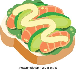 Salmón con aguacate en una rebanada de pan tostado. Salmón fresco y delicioso. Desayuno saludable y saludable con tostadas, salmón, aguacate con mayonesa. Ilustración vectorial aislada en un fondo blanco.