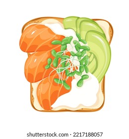 Salmon and avocado toast vector illustration. Cartoon isolated salted or smoked salmon slices, microgreen sprouts, sliced avocado and soft ricotta cheese on toasted bread, top view of sandwich