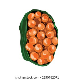 Salmon caviar sushi from top view vector illustration isolated on white background. Salmon gunkan japanese food rice rolled with seaweed. Food drawing with cartoon simple flat art style and colors.