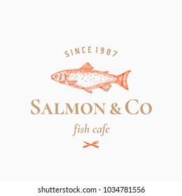 Salmon and Co Abstract Vector Sign, Symbol or Logo Template. Hand Drawn Fish with Classy Retro Typography. Fork and Knife Icon. Vintage Vector Emblem. Isolated.